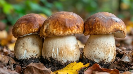 Three white mushrooms with brown caps. Perfect for use in a recipe or as a visual for a nature blog.