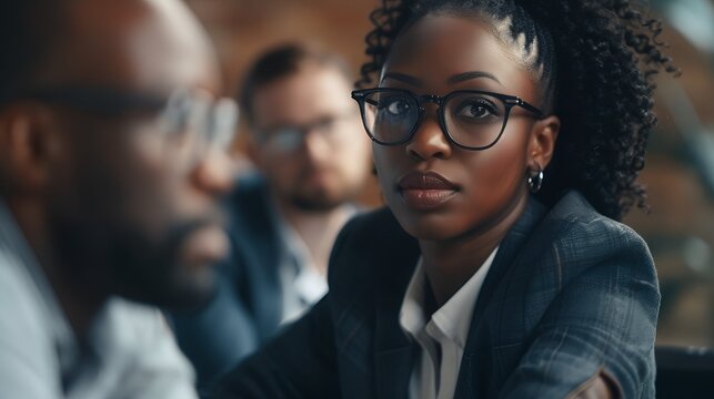 Black women, business and discussion or meeting for corporate strategy, planning or collaboration at office. African woman executive talking to employee on touchscreen technology at work