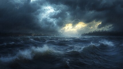 Intense Thunderstorm Over Lake with Large Waves and Striking Lightning Bolts Amid Heavy Rain, Capturing the Power of Nature in a Hyperrealistic Scene with Dark Skies and Turbulent Waters.