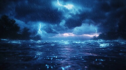 Intense Thunderstorm Over Lake with Large Waves and Striking Lightning Bolts Amid Heavy Rain, Capturing the Power of Nature in a Hyperrealistic Scene with Dark Skies and Turbulent Waters.