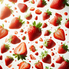 fresh strawberry pieces falling from above or floating in the air.