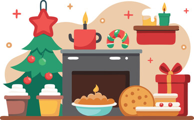 A festive setup featuring a Christmas tree, baked goods, and warm drinks, perfect for a holiday gathering.