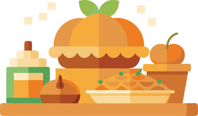 A festive arrangement of pumpkin pie, cider, and fruits captures the essence of autumn harvest celebrations.