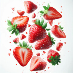 fresh strawberry pieces falling from above or floating in the air.