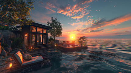 Sunset over a body of water. Modern house by the pool. Trees and a calm, colorful sky.

