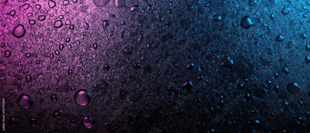 Poster abstract water droplets on a dark surface with purple and blue lighting, creating a calm and mesmeri