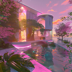 a picture of a modern house with a pool and trees, with a pink and purple glow.