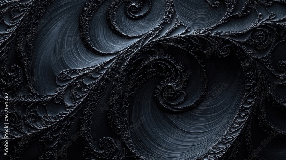 Poster a dark, intricate fractal design showcasing swirling patterns and textures.