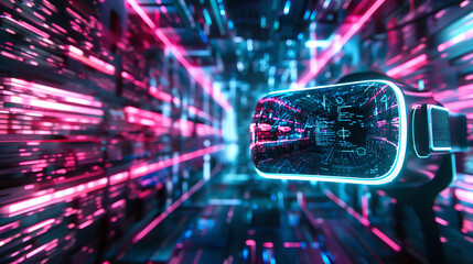 a VR headset with a digital display, set against a background of pink and blue light streaks.