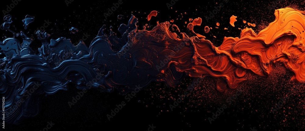 Aufkleber abstract fluid art painting featuring vibrant blue and orange colors blending into a dynamic wave pa