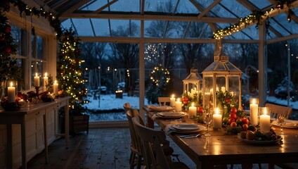 Decorated greenhouse in trendy christmas setting with dinner table, candles and christmas lights