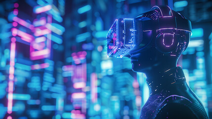 a VR headset with a digital display, set against a background of pink and blue light streaks.