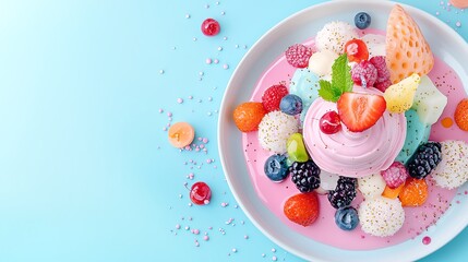 Obraz premium A vibrant dessert with colorful fruits, creamy ice cream, and a beautiful presentation on a pastel blue background.