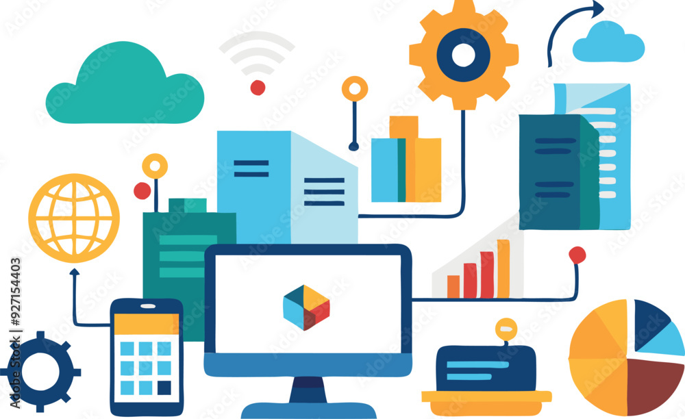 Poster a workspace showcases technology tools, data graphs, and cloud symbols, emphasizing modern data visu