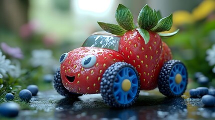 Adorable Strawberry Toy Car with Blueberry Wheels   Cute and Compact 3D Rendering