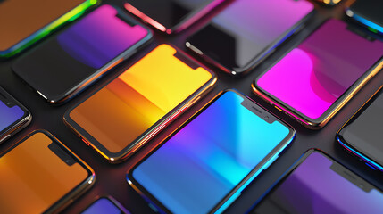 a bunch of smartphones in different colors, all with black screens.