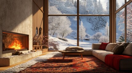 Cozy Winter Living Room with Fireplace, Rug, and Snowy View