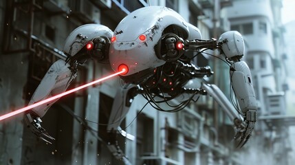 Fototapeta premium Advanced Laser Cleaning Human Assistance Robot Flying and Cleaning Dirty Surfaces with Precision Laser Beam