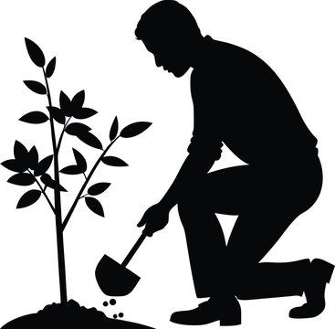 recommend clip art: Man plant tree silhouetteillustration black and white