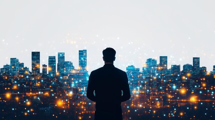 The smart city scene showcases a digitally connected network, where a man interacts with urban infrastructure using his phone, symbolizing the seamless integration of technology and urban life.