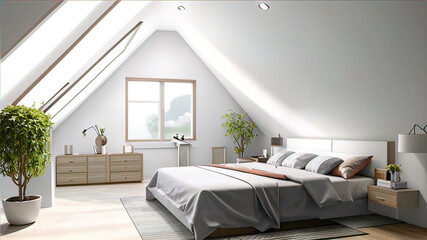 A modern bedroom with a minimalist design, located in the attic and has a skylight providing plenty of natural light.