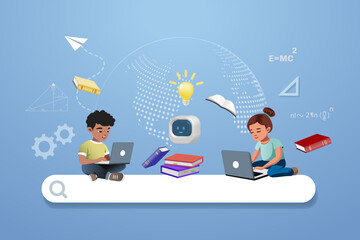 AI smart search for online education technology. Kids doing homework on computer with help from artificial intelligence robot. 3D vector.