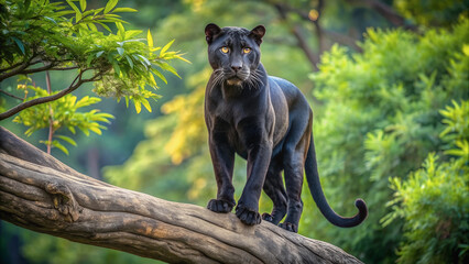 
A black panther stands majestically on a high tree branch, proudly surveying the territory.