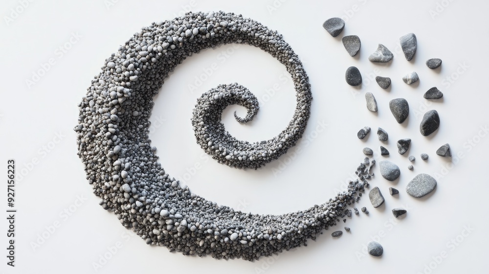 Aufkleber a beautiful spiral of tiny stones, arranged in a dynamic flow on a minimal white background, creatin