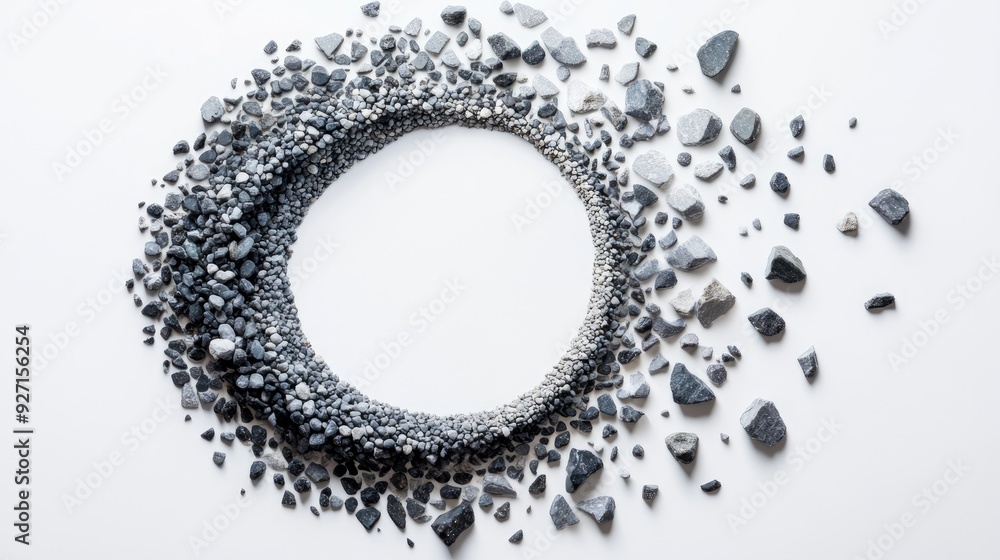 Aufkleber a beautiful spiral of tiny stones, arranged in a dynamic flow on a minimal white background, creatin