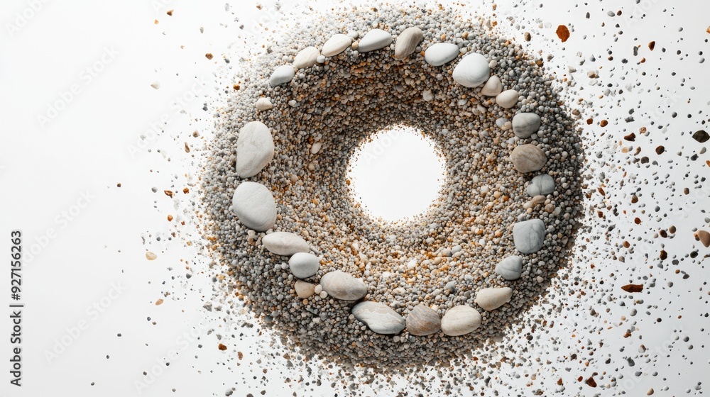 Aufkleber a beautiful spiral of tiny stones, arranged in a dynamic flow on a minimal white background, creatin