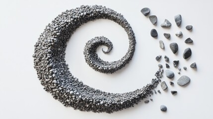 A beautiful spiral of tiny stones, arranged in a dynamic flow on a minimal white background, creating a captivating design