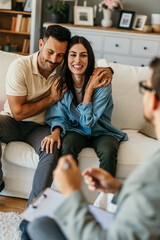 Caucasian male psychotherapist advising couple after consult about mental health and relationship....