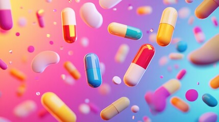 A colorful 3D abstract artwork with floating vitamin tablets and vibrant medical symbols on a gradient background