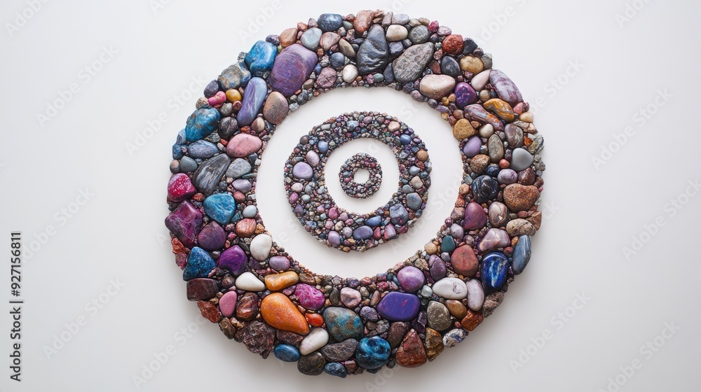 Aufkleber a dynamic spiral of tiny stones, beautifully arranged to create an intricate pattern on a simple whi