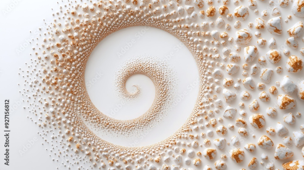Poster a dynamic spiral of tiny stones, beautifully arranged to create an intricate pattern on a simple whi