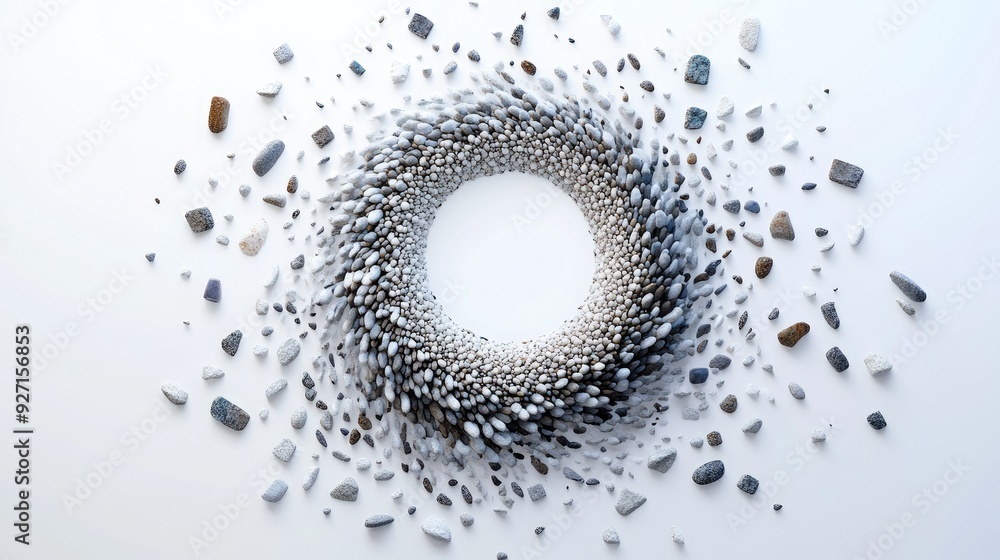 Poster a dynamic spiral-shaped matrix of tiny stones, meticulously placed on a clean white background for a
