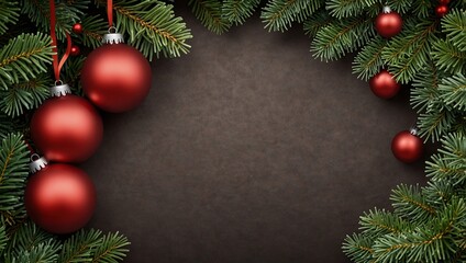 Fir tree branches with red christmas balls frame