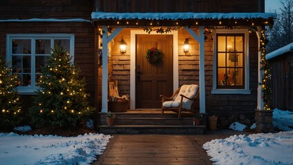 Front door porch of village countryside house with swing hammock decorated for Christmas winter holidays, Christmas and New year vacation concept