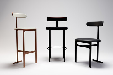 Chairs with black and wooden frames and gray cushions.