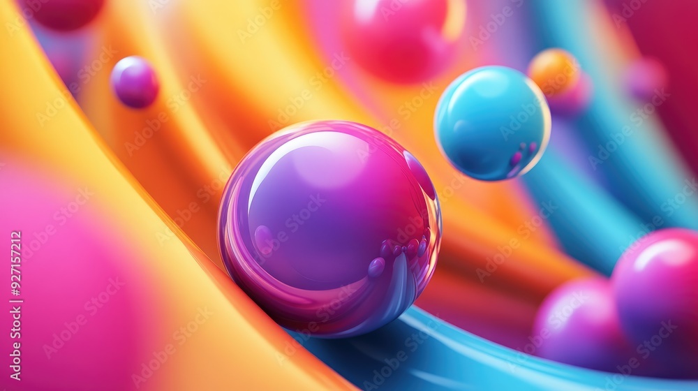 Poster a vibrant 3d abstract design with colorful spheres and smooth lines creating a clean, modern present