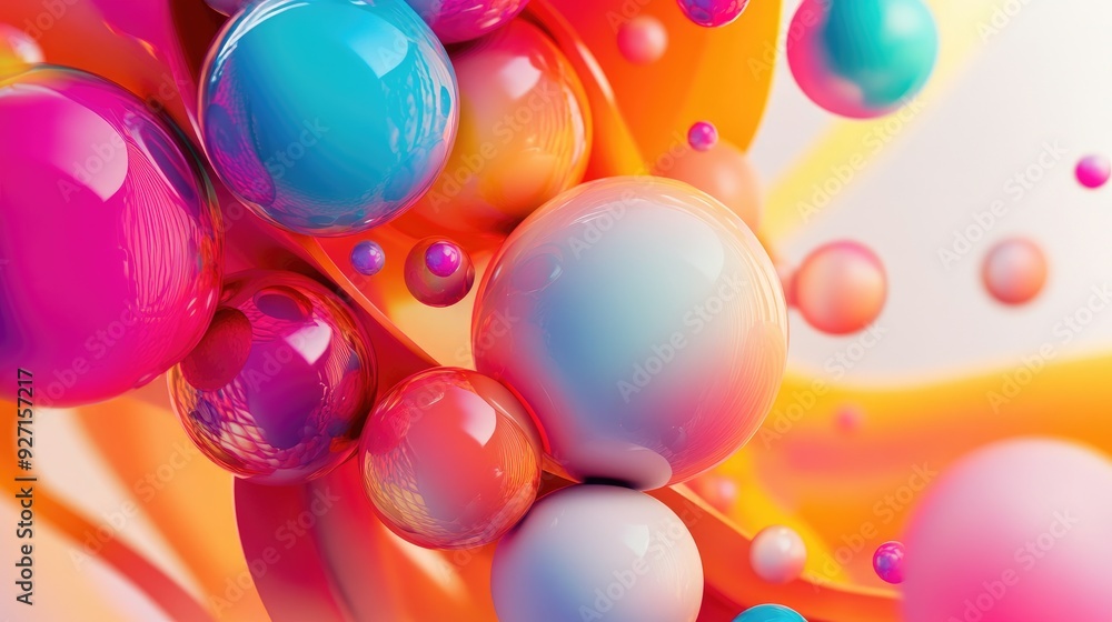 Poster a vibrant 3d abstract design with colorful spheres and smooth lines creating a clean, modern present