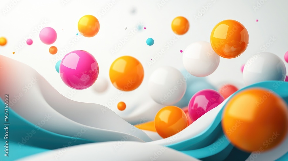 Poster a vibrant 3d abstract design with colorful spheres and smooth lines creating a clean, modern present