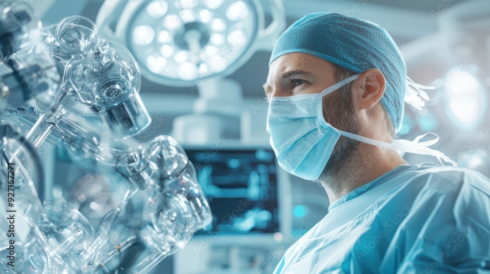 Poster advanced surgery in high-tech operating room with surgeon using robotic arms for healthcare robotics