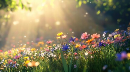 Obraz premium A vibrant 3D render of a grassy meadow filled with bright flowers, glowing under the soft rays of sunshine