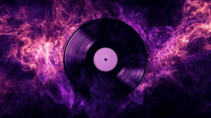 A purple record is surrounded by swirling flames and smoke
