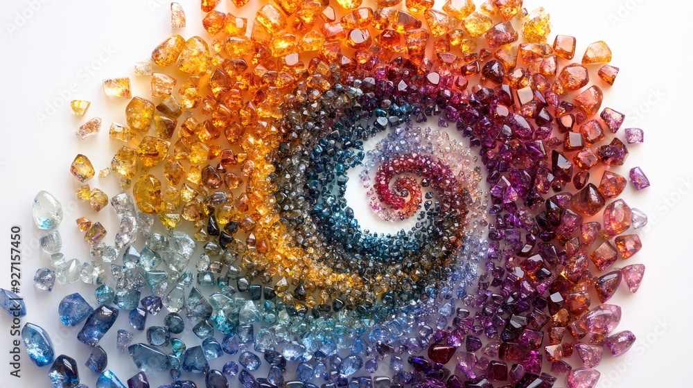 Poster a vibrant spiral matrix of tiny stones, perfectly arranged in an intricate and dynamic design on a p