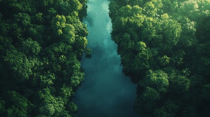 Obraz premium A bird's-eye view of the summer scenery in the Amazon rainforest, featuring a retro movie style and color grading in vintage tones, showcasing natural light and super details.