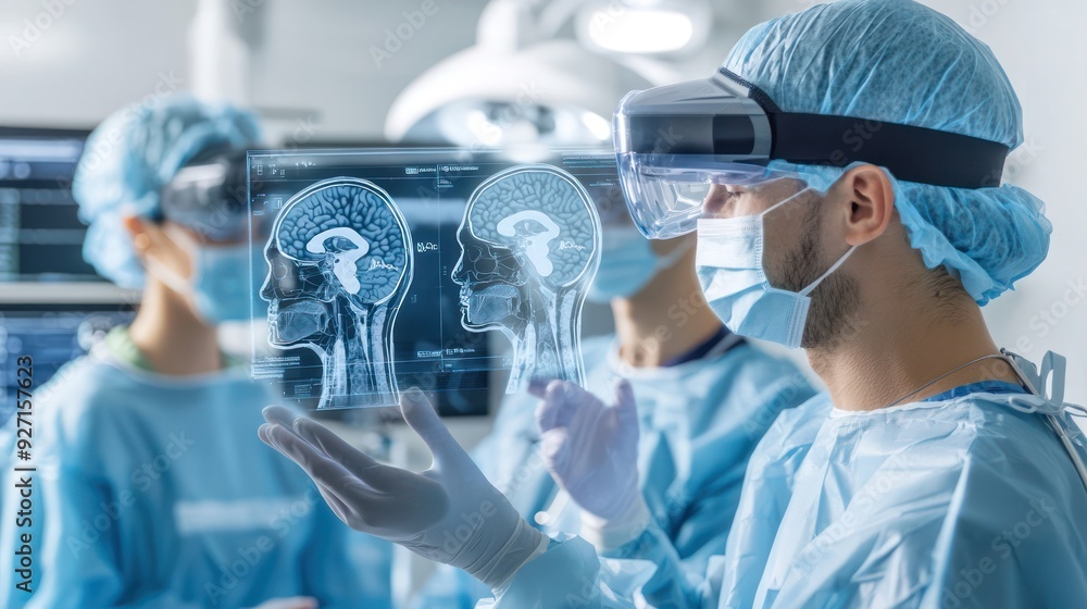 Poster advanced medical team in emergency room using virtual data overlays and augmented reality for critic