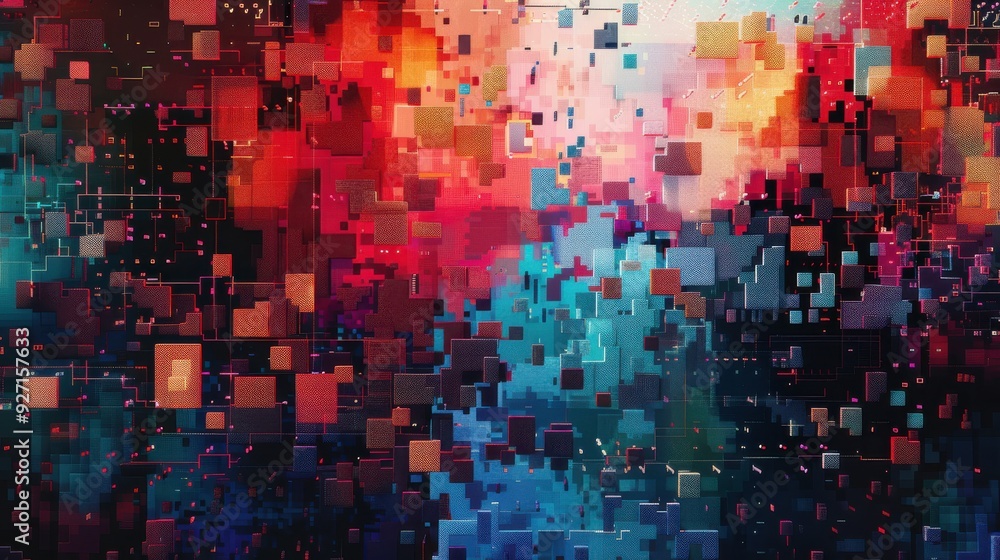Leinwandbilder A digital art piece depicting a background of colorful squares with various shades of red, orange, blue, and teal. The squares are layered on top of each other, creating a sense of depth and dimension