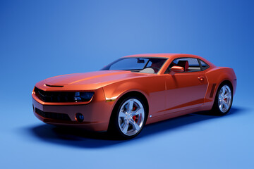 Orange sport car on blue background, high quality 3D image.